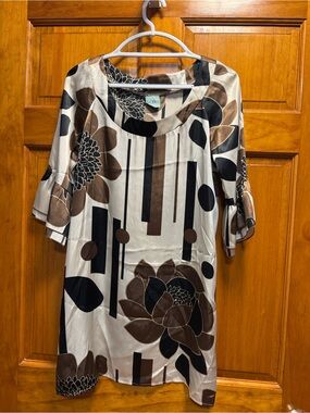 Karlie Cream Satin Shift Dress with Brown and Black Floral Print